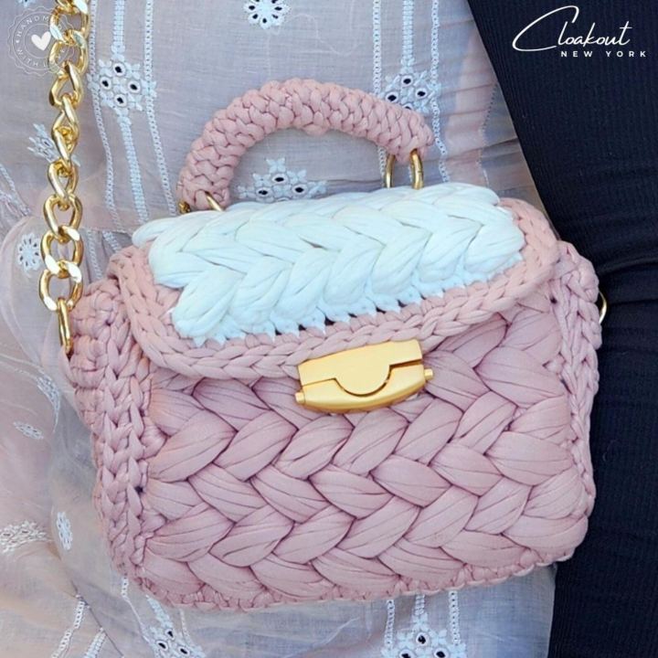 Handmade Rose Gold Crochet Bag - Braided Yarn Clutch with Gold Chain